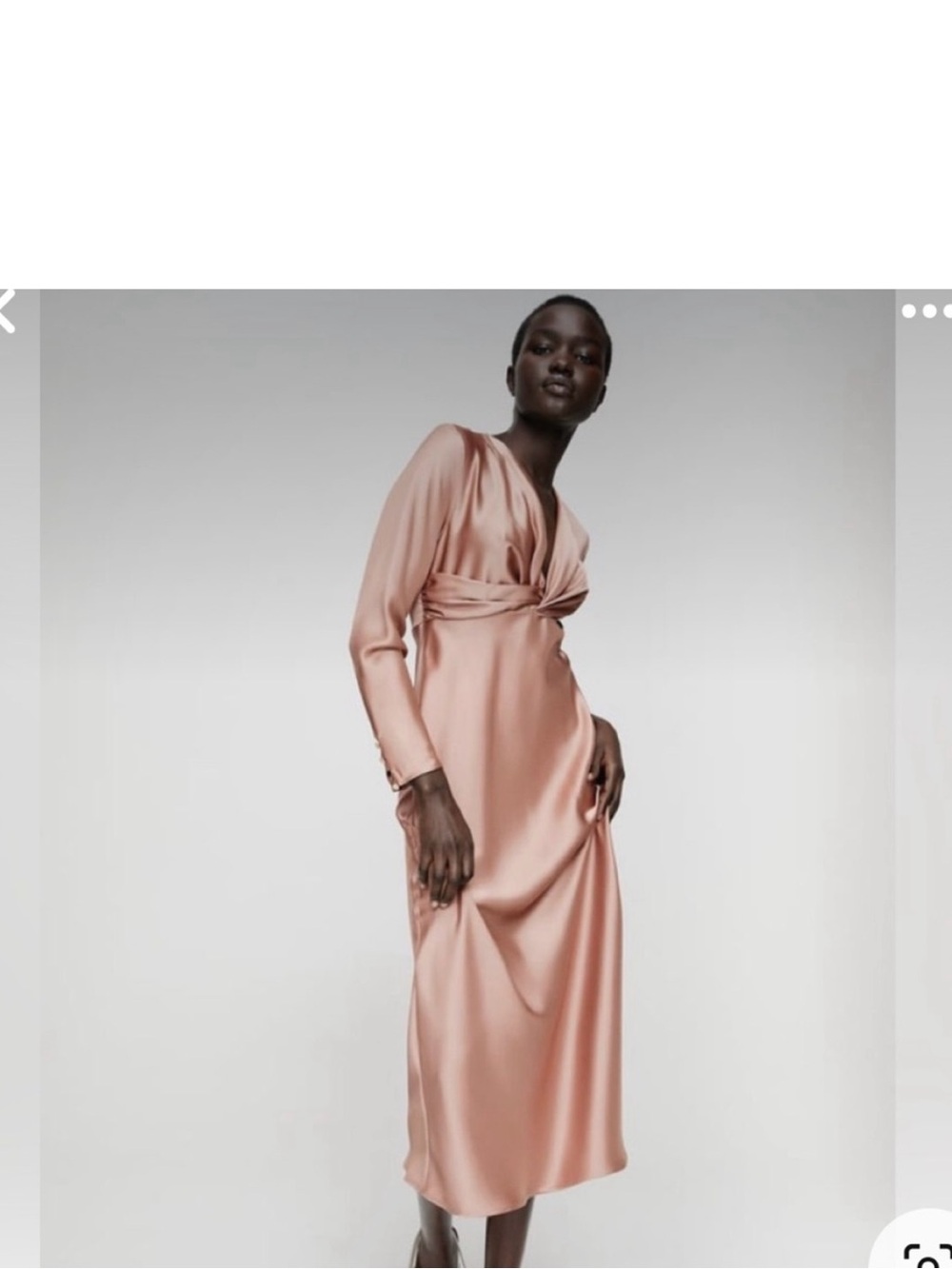 Zara Blush Satin Twist-Front Long Sleeve Midi Dress